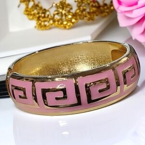 Chunky Gold Pink Enamel Luxury Designer Motif Clamper Bracelet